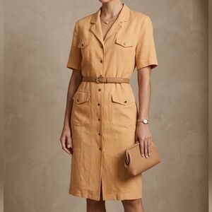 Vintage Emotions Mustard Yellow Safari Shirt Dress Cotton Linen Blend L